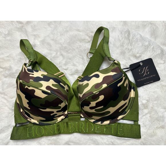 RARE🔥 Honey Birdette ELVIS💚 Green Camo Camouflage Bra 34D - Picture 1 of 2